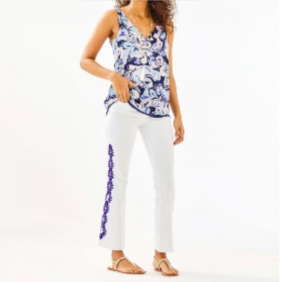 Lilly Pulitzer Denim - Lilly Pulitzer South Ocean crop flare pant with Lapis Geo Border Embroidery